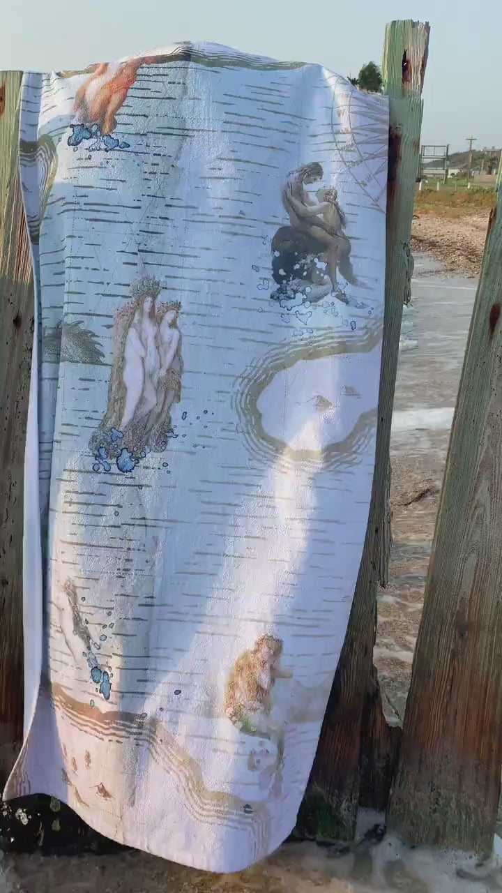 Mermaid Beach Towel, Historical Mermaid Art, Vintage Map Large Beach Towel, Summer Romance, Lover of the Sea Summer Towel