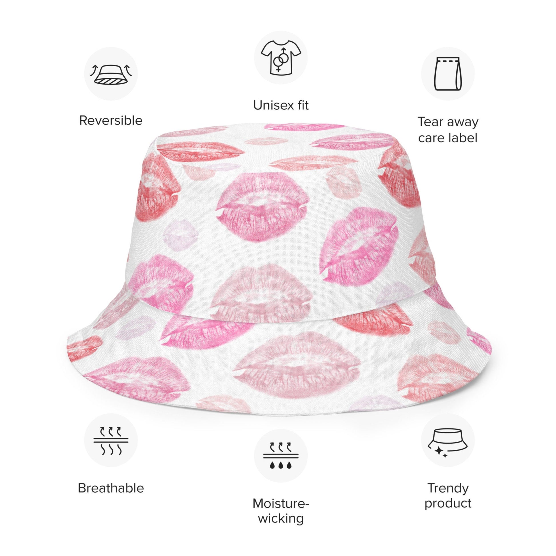 Women's Best Packable Sun Hat, Reversible Kisses & Polka Dots Bucket Hat, Linen Wrinkle Resistant Summer Hat, Pin Up Style Graphic Beach Hat